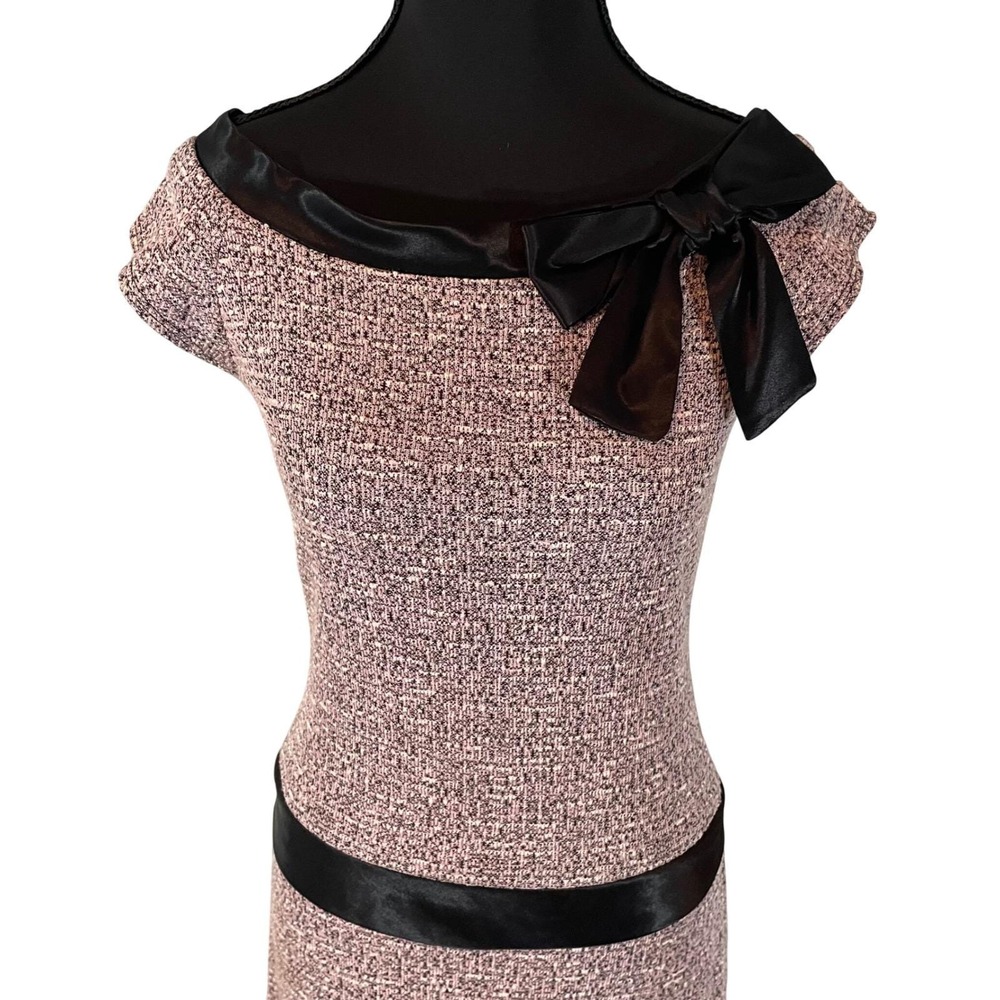 VTG Ruby Rox Pink Black Tweed Bow Off Shoulder Mini Dress Womens Small 60s Style - Picture 2 of 8
